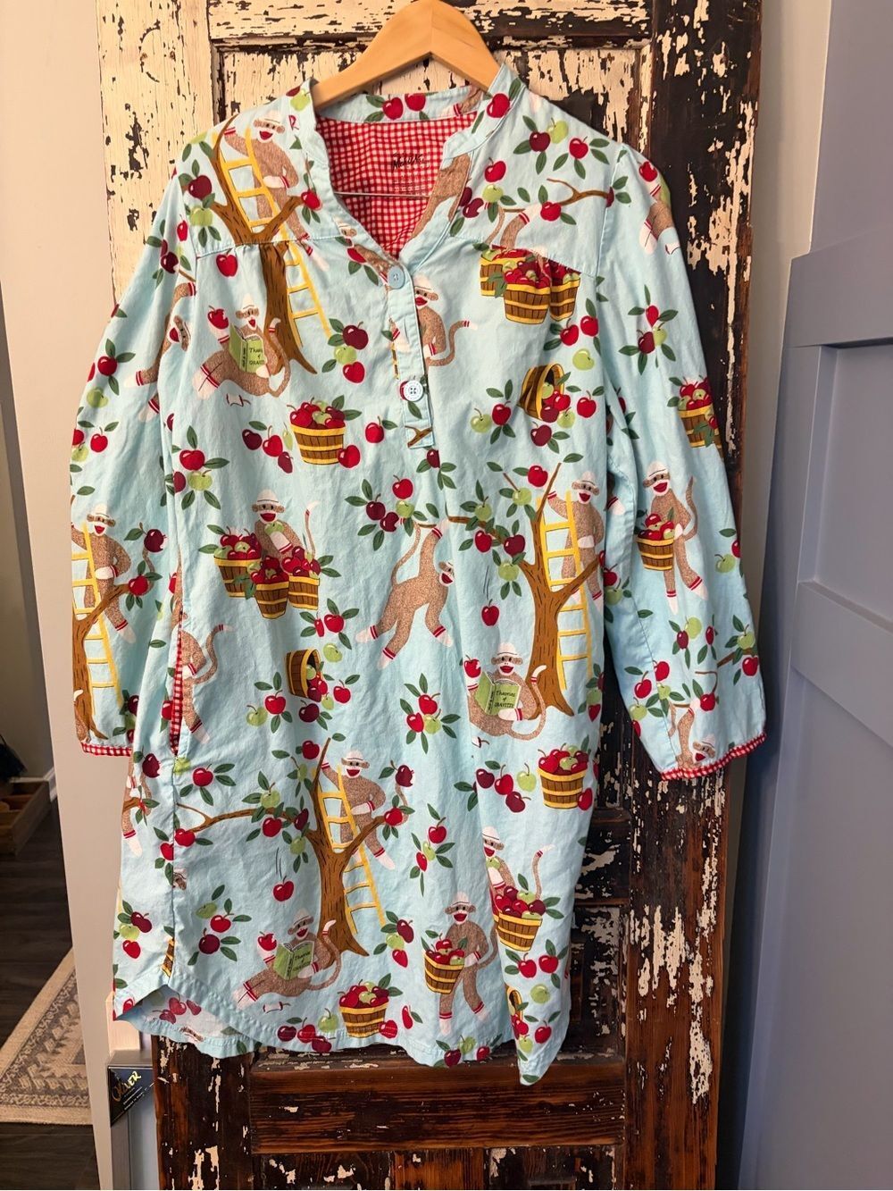 Nick & Nora Light Blue Apple Harvest sock monkeyNightshirt with pockets. XL. - Picture 2 of 9